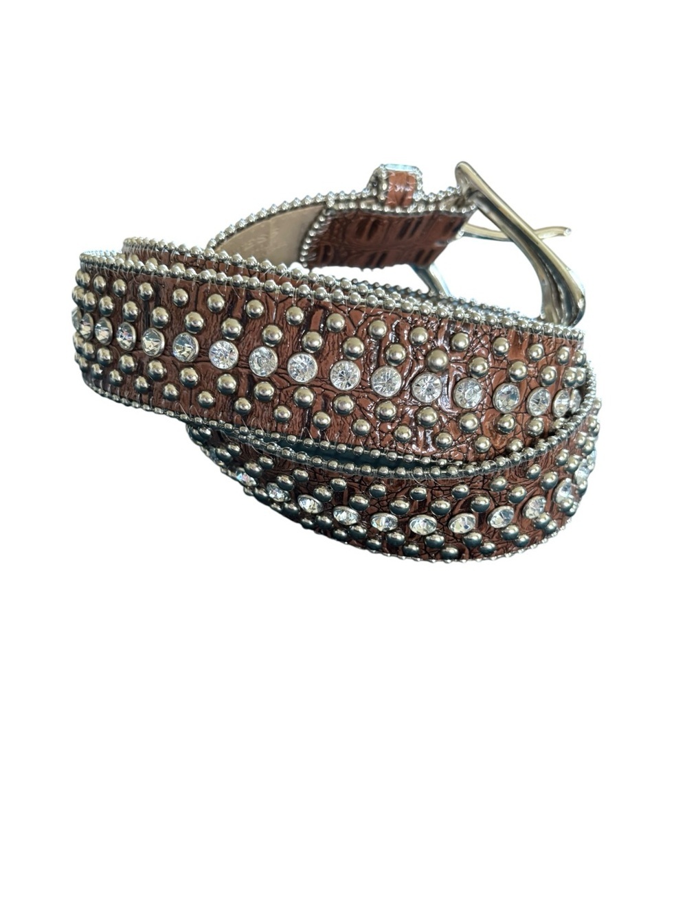VTG Guess Faux Leather Rhinestone Metal Studded Western Belt Sz L Brown Buckle - Picture 3 of 5